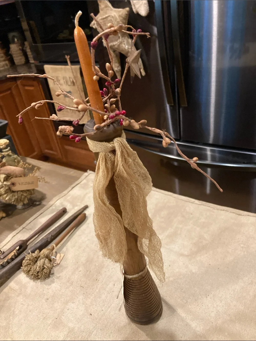 Rustic Brown Decorative Wooden Leg with Burlap Accent